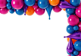 glossy mylar balloons (pink, blue, orange, purple) creating a festive, continuous border on a high-key transparent background with maximum central copy space. Birthday celebration atmosphere
