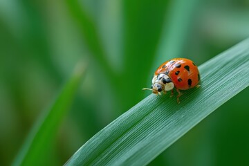 Fototapeta premium Ladybug crawling steadily on a green blade of grass in a vibrant garden during a sunny afternoon