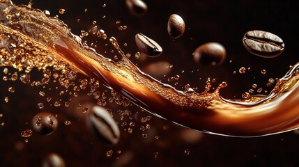 Artistic coffee splash with floating coffee beans creating an appealing visual effect
