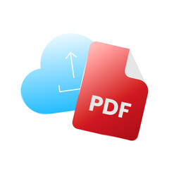 illustration featuring a PDF document icon with a cloud and upward arrow symbol, representing uploading, cloud storage, file sharing, online data transfer, and digital document management
