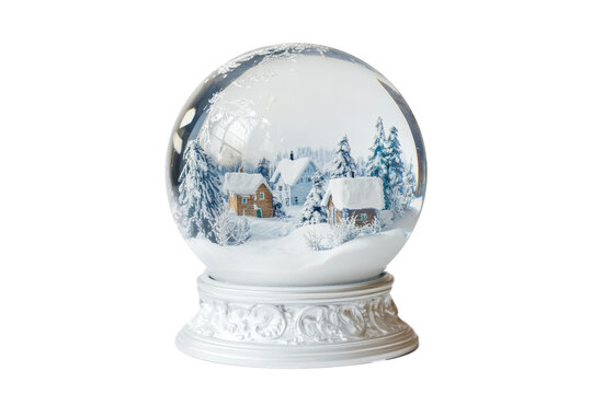 Winter wonderland snow globe featuring cozy cabin and snowy trees in a magical miniature scene isolated on transparent background