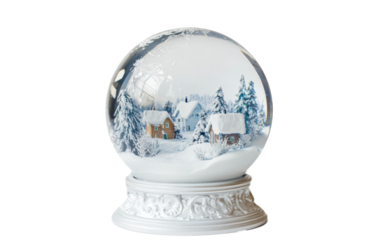 Winter wonderland snow globe featuring cozy cabin and snowy trees in a magical miniature scene isolated on transparent background