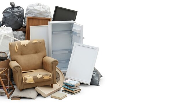 A large pile of discarded household items, including an old armchair, refrigerator, and garbage bags, representing bulky waste.