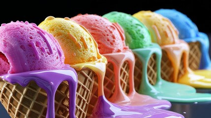Brightly colored ice cream scoops melt delightfully over waffle cones. Summer vibes are captured in this yummy treat. A visual feast for dessert lovers. Generative AI