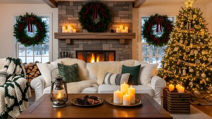 Living room decorated for christmas with tree fireplace wreaths and cozy blankets and pillows