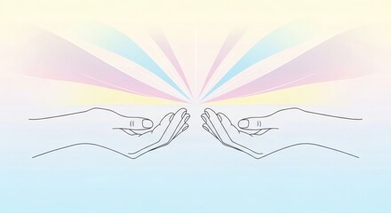 Two hands holding a radiant burst of pastel-colored light on a soft gradient background, symbolizing healing and spirituality.