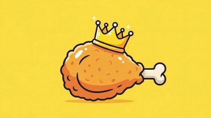 A cartoon illustration of a golden fried chicken leg wearing a golden crown with sparkles, set against a bright yellow background.