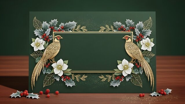 Elegant christmas card with pheasants holly and hellebores on a green background with a golden frame