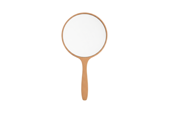 Wooden handheld mirror isolated on transparent background, cut out, PNG