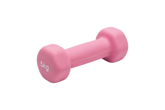 Pink 5kg dumbbell isolated on transparent background, cut out, PNG