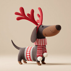 cartoon side view dachshund dressed as a Christmas reindeer with red antlers and festive scarf, perfect for web, blog, flyer, banner, cute and cheerful holiday design.
