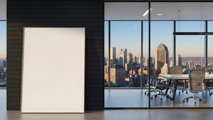 Blank poster in modern office interior with city view and conference table near window panels