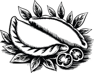 Black and White Drawing of Two Empanadas, Calzone or Pasty Illustration with Basil and Tomatoes, Woodcut Style Drawing of Hand Pies, 