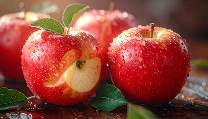 Fresh Red Apples with Water Droplets and Bite Mark.