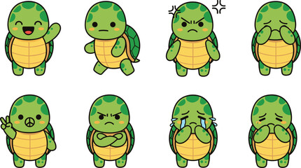 Cute turtle character emotion collection, adorable cartoon sea turtle mascot with expressions, perfect for stickers, cad drawing flat vector illustration, kawaii
