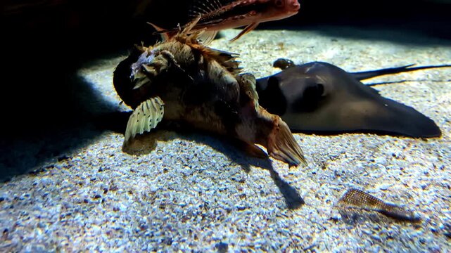 Stingray fish and scorpionfish on the sandy bottom of an aquarium, up-close