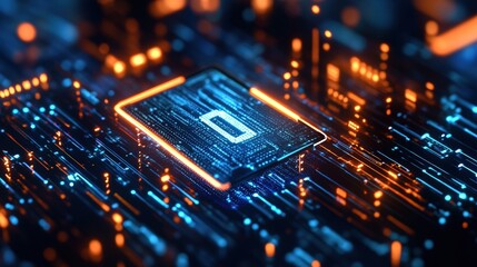 Futuristic abstract microchip glowing with blue and orange lights on a digital circuit background