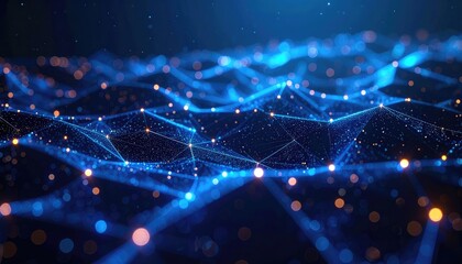 Abstract representation of a glowing blue digital network with bokeh light effects.