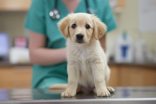 Adorable golden retriever puppy sitting on examination table at veterinary clinic, with veterinarian in background