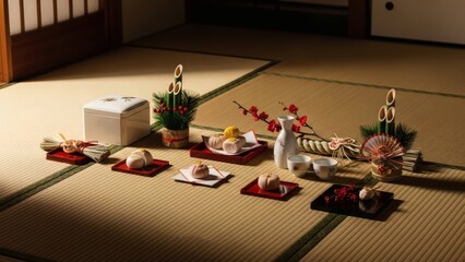 Traditional Japanese New Year's offerings of food and sake arranged ceremonially on tatami mats.