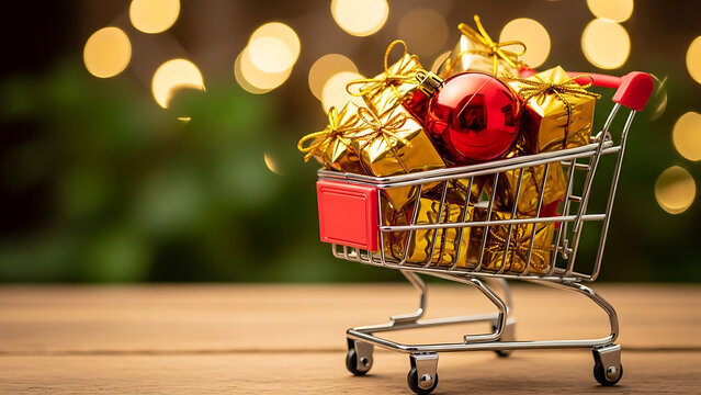 Festive Holiday Shopping Cart Overflowing with Gifts and Bokeh Lights
