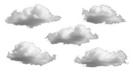 Various fluffy white cumulus clouds isolated for design assets isolated on transparent background