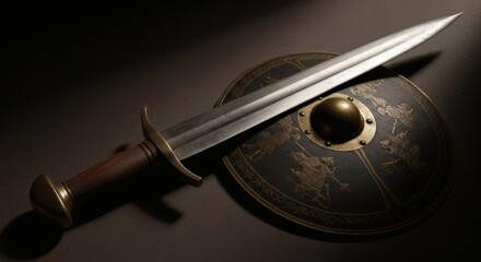 A close-up shot of an ancient sword resting on a round, ornate shield with intricate gold designs, illuminated by a dramatic spotlight.