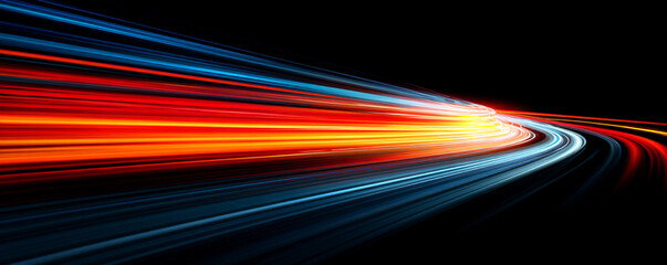 Abstract neon speed lines swirl on a dark background. Glowing motion streaks follow curved line paths. The overall effect is dynamic and futuristic. 