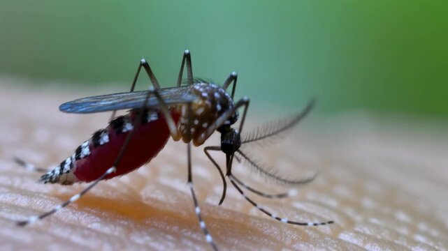 Close-up of mosquito feeding on human skin, drawing blood. Depicts potential disease vector and insect bite.
