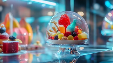 A colorful arrangement of desserts under a glass dome. Vibrant fruits and sweets create an eye-catching display. Perfect for food lovers and photographers. Generative AI