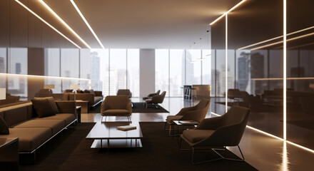 Modern luxury lounge area with comfortable seating and ambient lighting