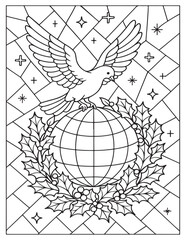 Peace dove with globe, holly wreath, and stained glass pattern line art