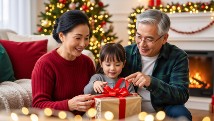 Happy asian grandparents and granddaughter opening a christmas gift together. Family celebrating winter holidays in a cozy home with a fireplace. Joyful moment of giving presents