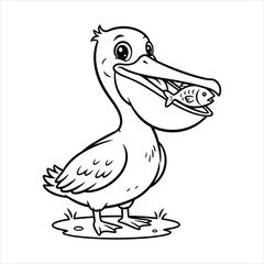 A Cute pelican holding a fish black line art, white background