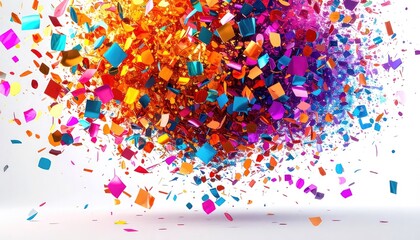 Explosion of vibrant, colorful confetti raining down onto a white surface.