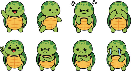 Cute turtle character emotions set, adorable cartoon sea turtle mascot, funny expressions for stickers, cad drawing flat vector illustration, kawaii