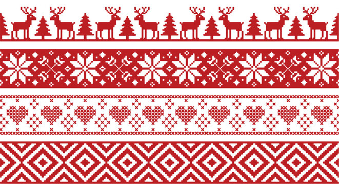 Nordic Christmas knitting pattern borders, Scandinavian red and white geometric vector set