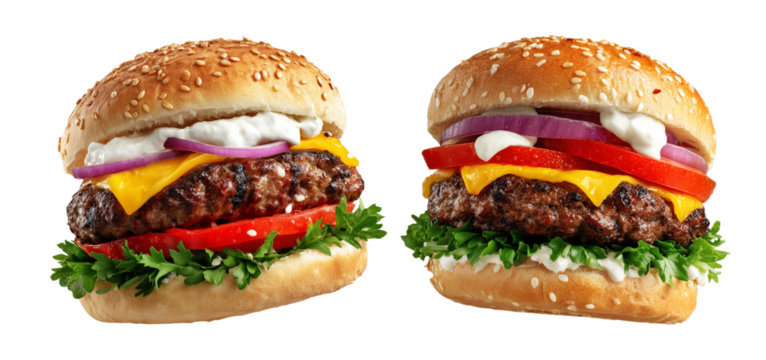 Grilled beef burger with lettuce, tomato, sumac, onion, cheese, and creamy tahini sauce isolated on white background