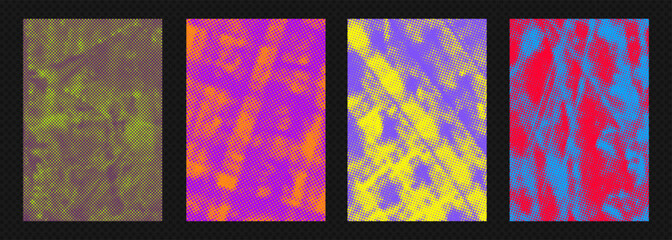 Urban punk street art paper halftone texture grunge overlay and distressed paint effect collection. Authentic poster design retro spray-painted details bold graphic element vector illustration set.