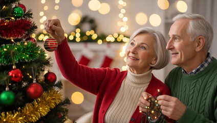 Happy senior couple decorating a Christmas tree at home. Elderly man and woman putting a star on top of a festive tree for the holiday season