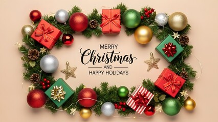 Festive christmas arrangement with gifts ornaments and greenery on a neutral background top view