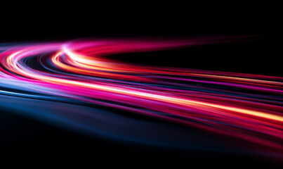 Neon speed lines form glowing tunnels on a dark background. Dynamic motion trails curve along each line. The tunnel creates a sense of fast digital motion. 