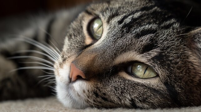 Tabby cat resting face close up with green eyes - Powered by Adobe