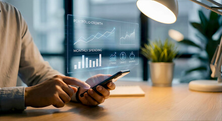 Person analyzing financial data on a smartphone with holographic charts