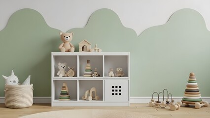 A children's room with a white cube shelf filled with toys and a basket with a plush bunny inside it