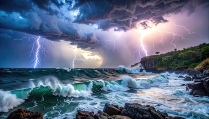 Dramatic lightning storm illuminates crashing ocean waves against a rocky, lush coastline.