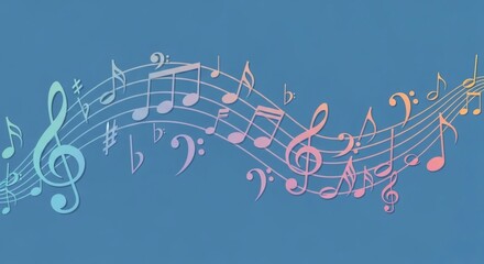 A flowing wave of colorful musical notes and symbols on a blue background.