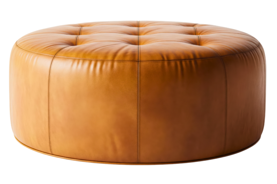 Luxury round tufted leather pouf furniture in brown color on a transparent background