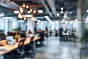 Obraz premium Blurred background of a bright, modern office interior with people working. High quality