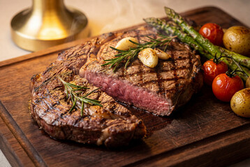 Ribeye steak with baked vegetables
